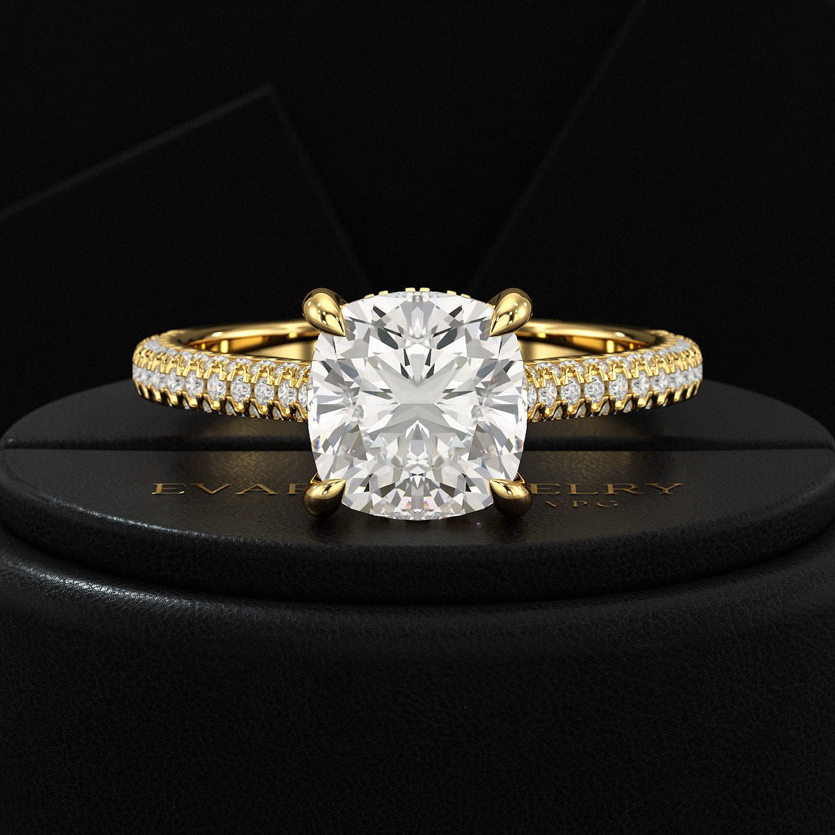 2 Carat Cushion Cut Diamond Engagement Ring with French Pave Band - Evara Jewelry LLC