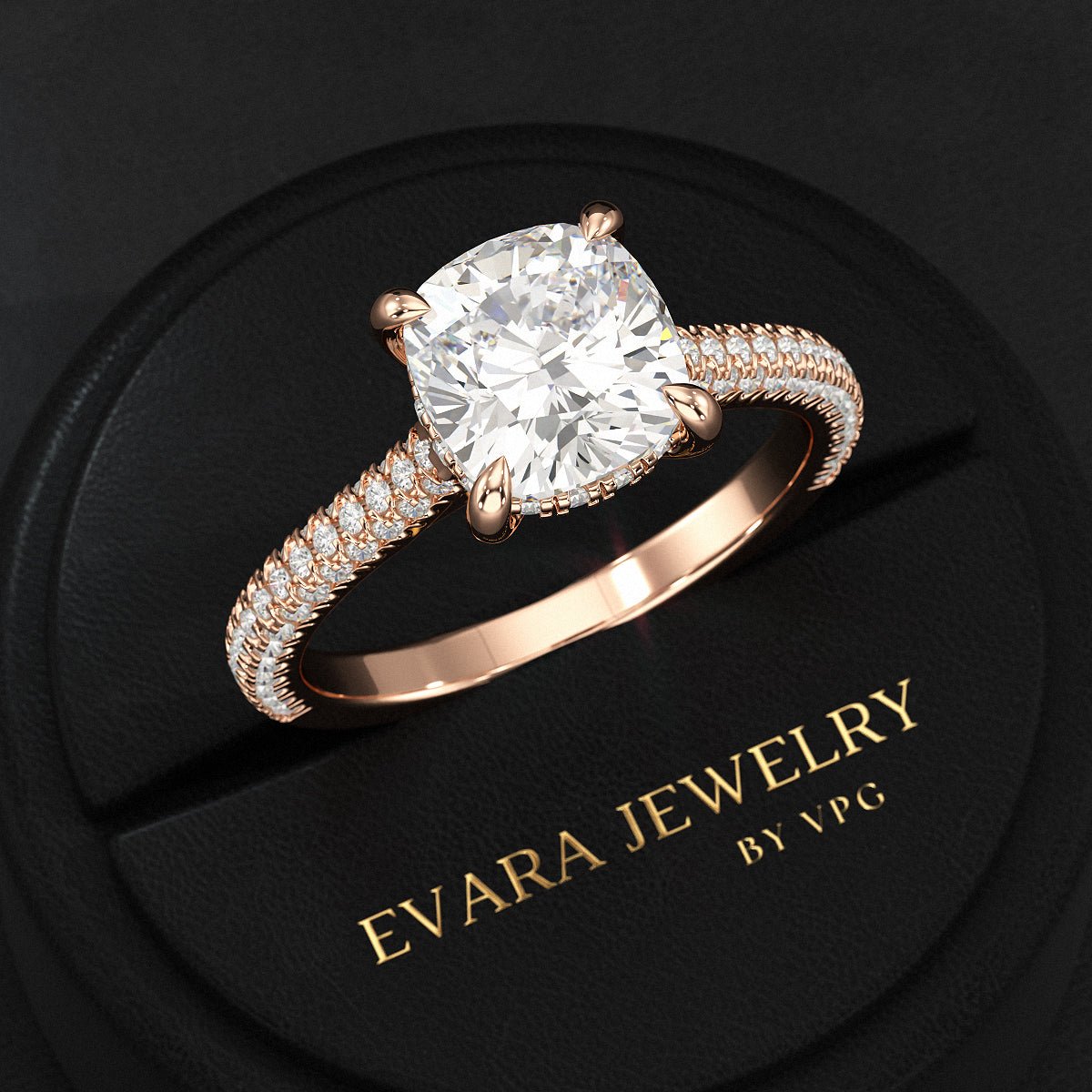 2 Carat Cushion Cut Diamond Engagement Ring with French Pave Band - Evara Jewelry LLC