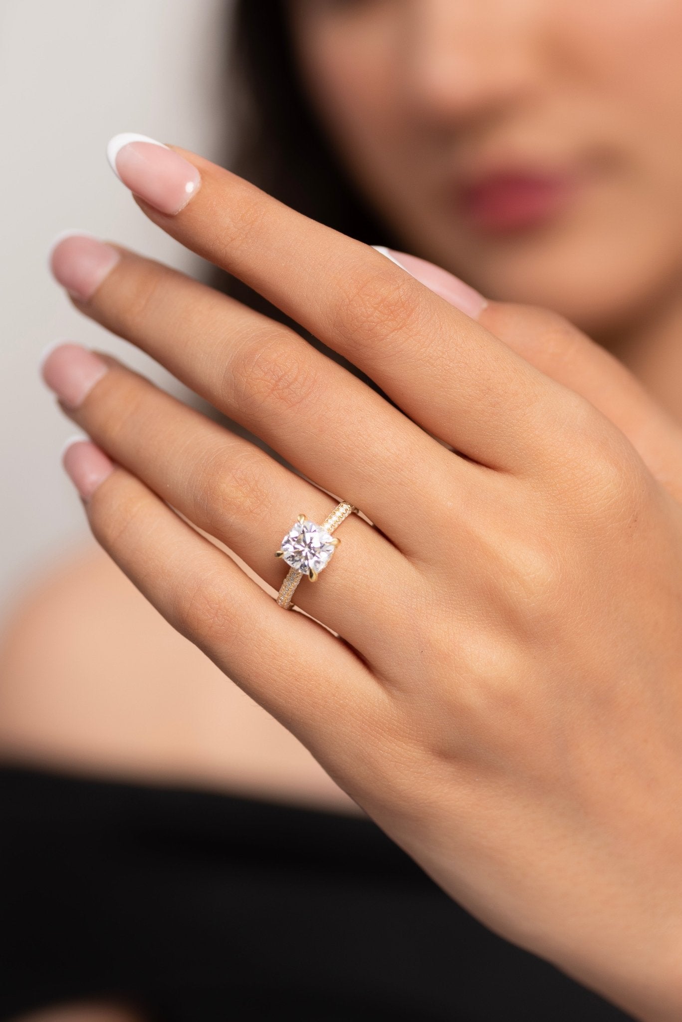 2 Carat Cushion Cut Diamond Engagement Ring with French Pave Band - Evara Jewelry LLC