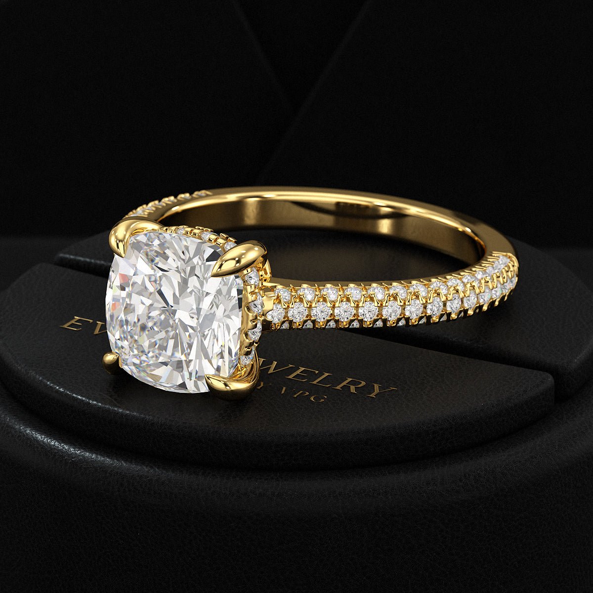 2 Carat Cushion Cut Diamond Engagement Ring with French Pave Band - Evara Jewelry LLC