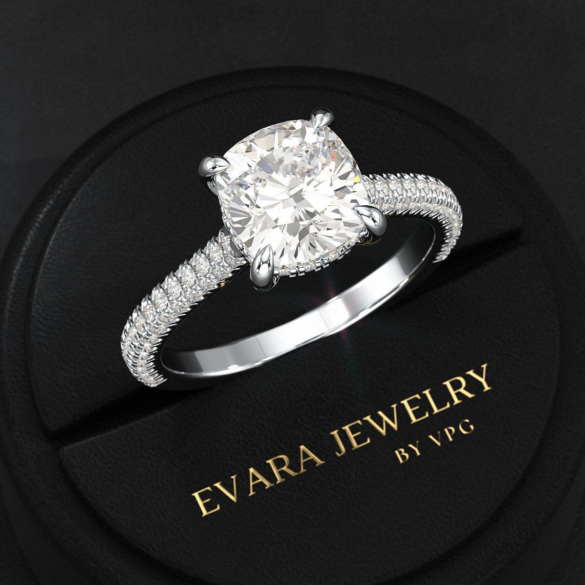2 Carat Cushion Cut Diamond Engagement Ring with French Pave Band - Evara Jewelry LLC