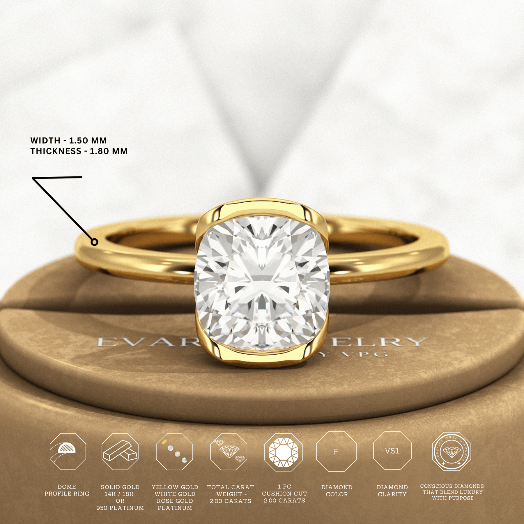 2 Carat Cushion Cut Diamond Half Bezel Set Engagement Ring - Evara Jewelry LLC