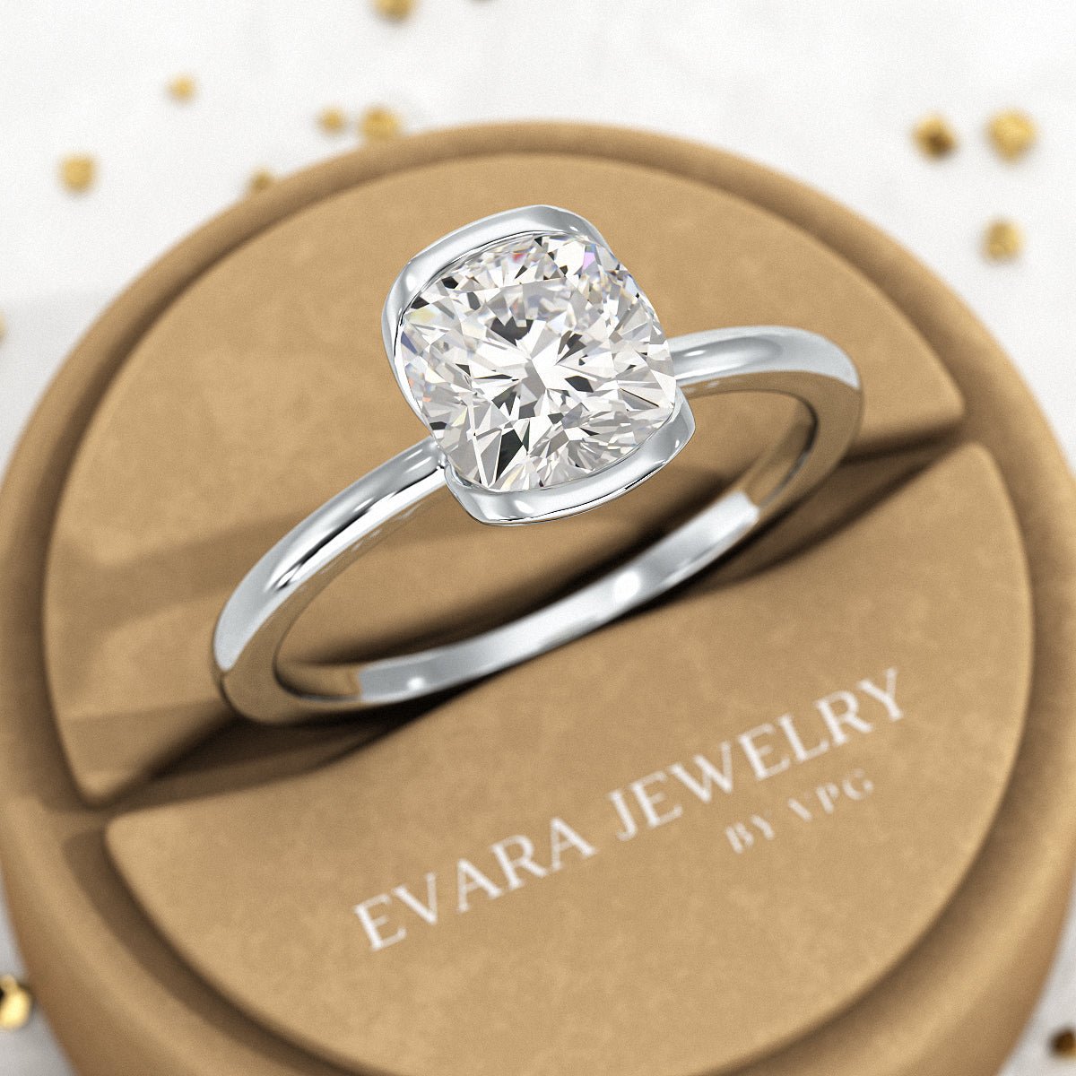 2 Carat Cushion Cut Diamond Half Bezel Set Engagement Ring - Evara Jewelry LLC
