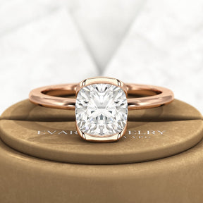 2 Carat Cushion Cut Diamond Half Bezel Set Engagement Ring - Evara Jewelry LLC