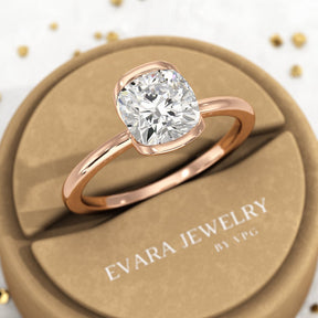 2 Carat Cushion Cut Diamond Half Bezel Set Engagement Ring - Evara Jewelry LLC