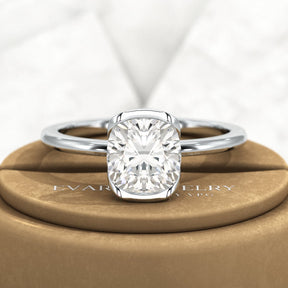 2 Carat Cushion Cut Diamond Half Bezel Set Engagement Ring - Evara Jewelry LLC
