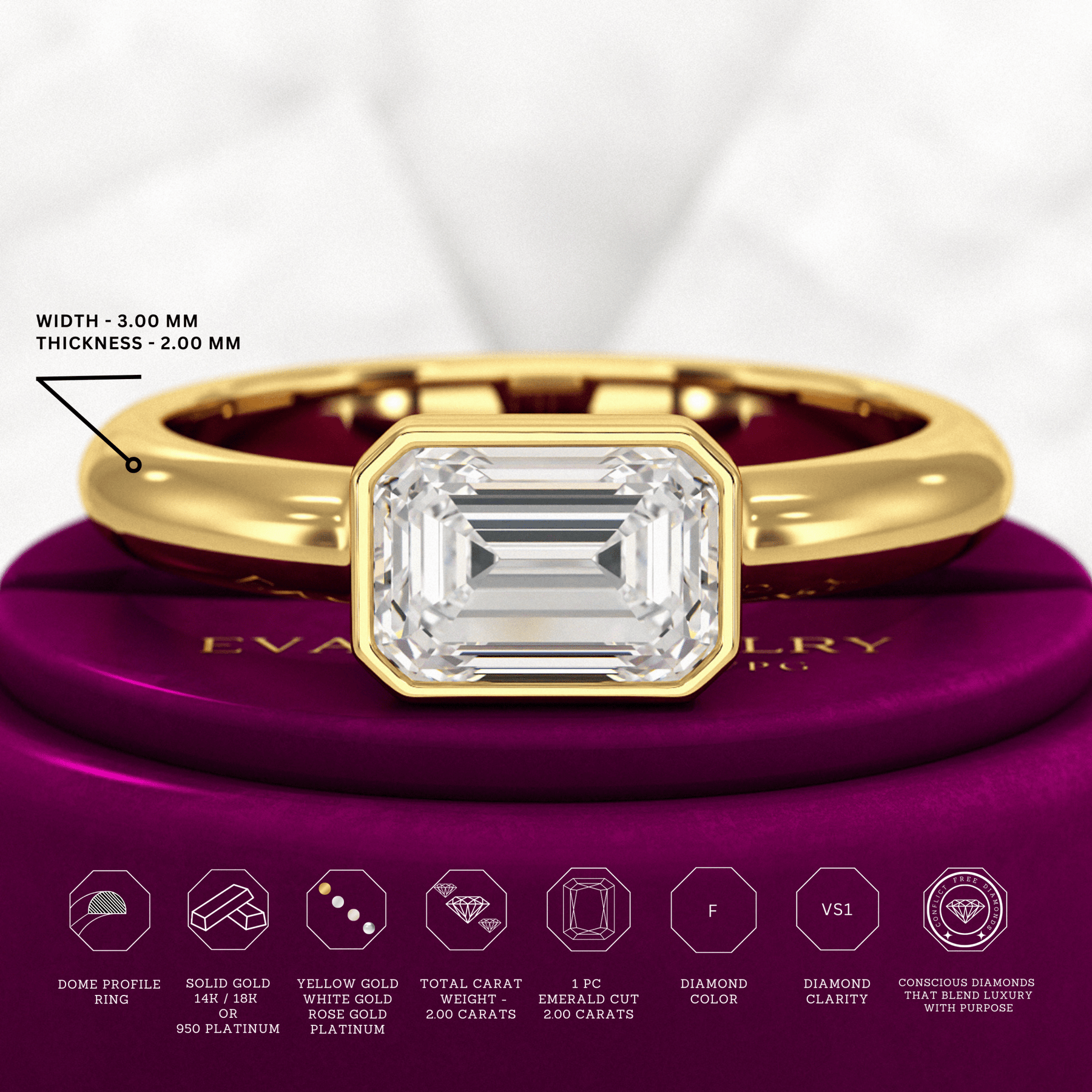 2 Carat Emerald Cut Bezel Set Lab Grown Diamond Solitaire Ring - Evara Jewelry LLC