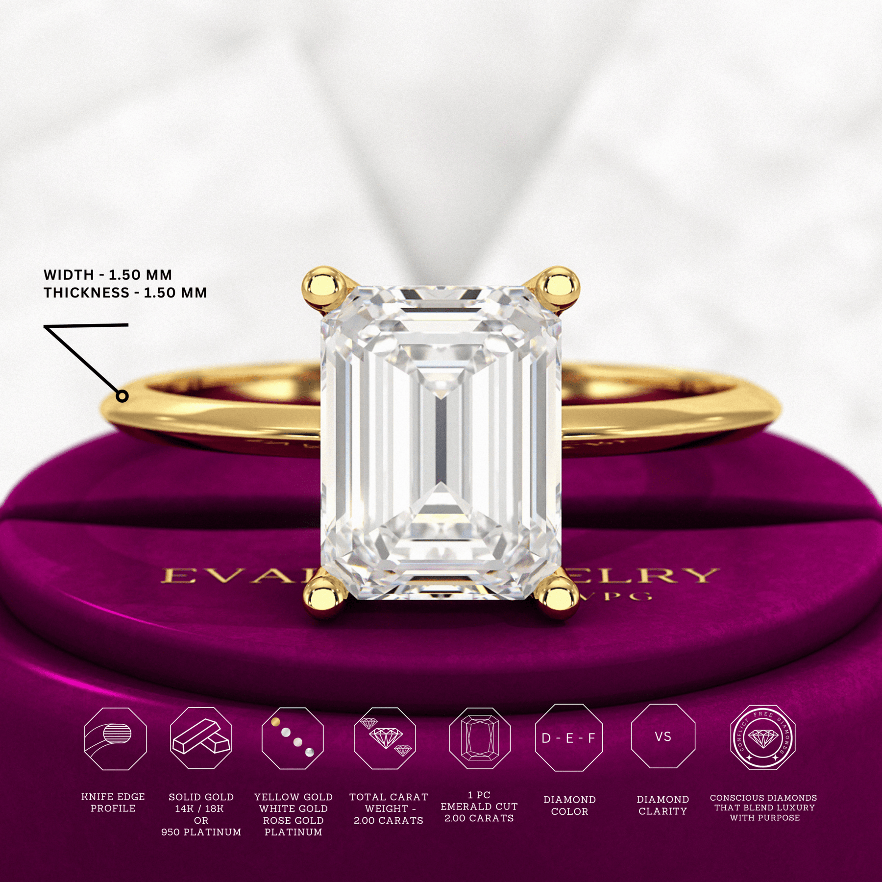 2 Carat Emerald Cut Diamond Knife Edge Solitaire Engagement Ring - Evara Jewelry LLC