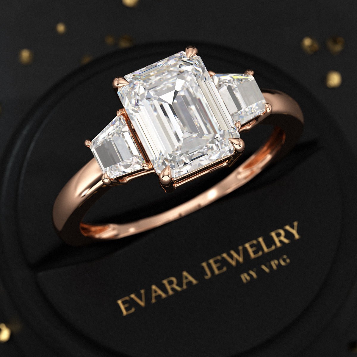 2 Carat Emerald Cut & Trapezoid Three Stone Engagement Ring - Evara Jewelry LLC