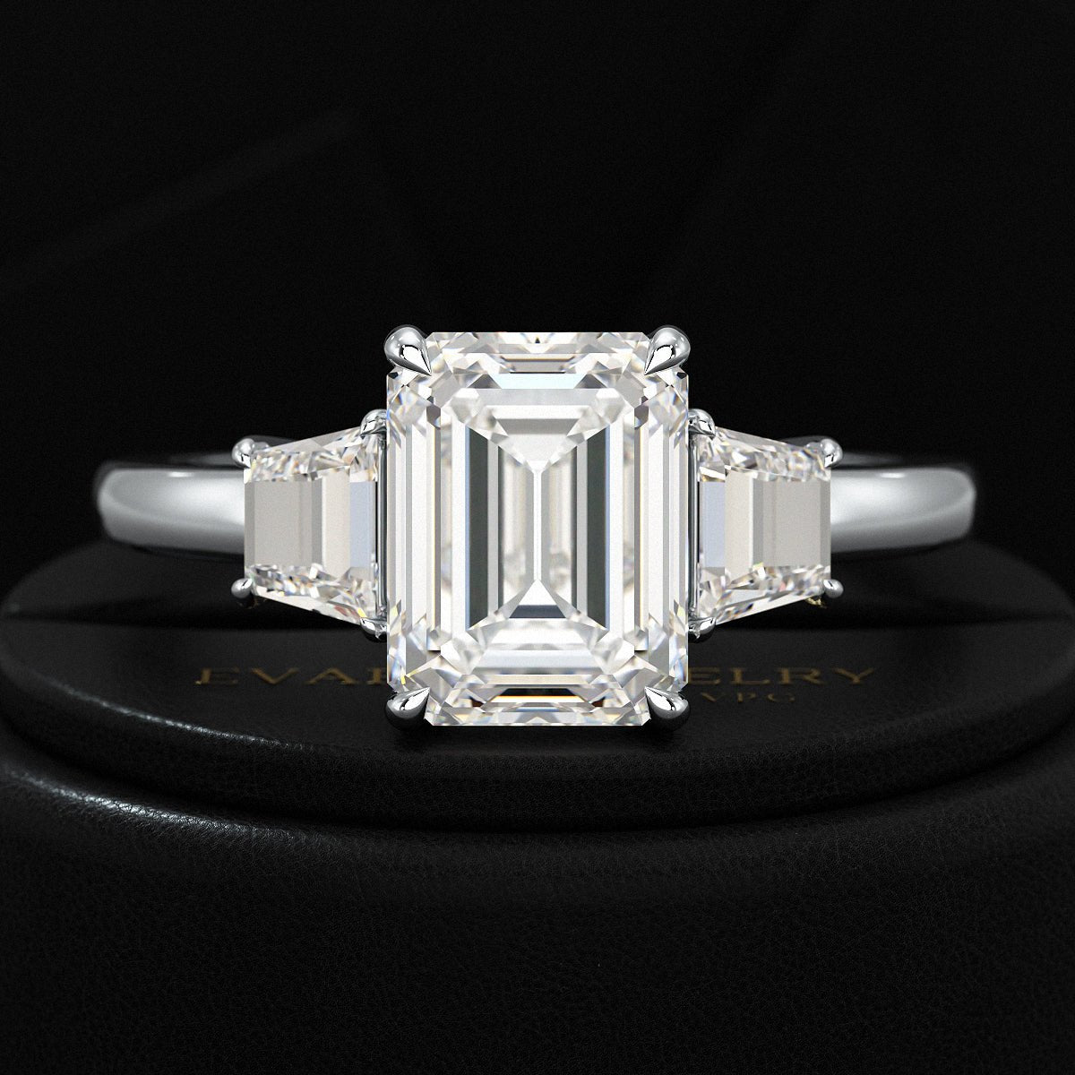 2 Carat Emerald Cut & Trapezoid Three Stone Engagement Ring - Evara Jewelry LLC