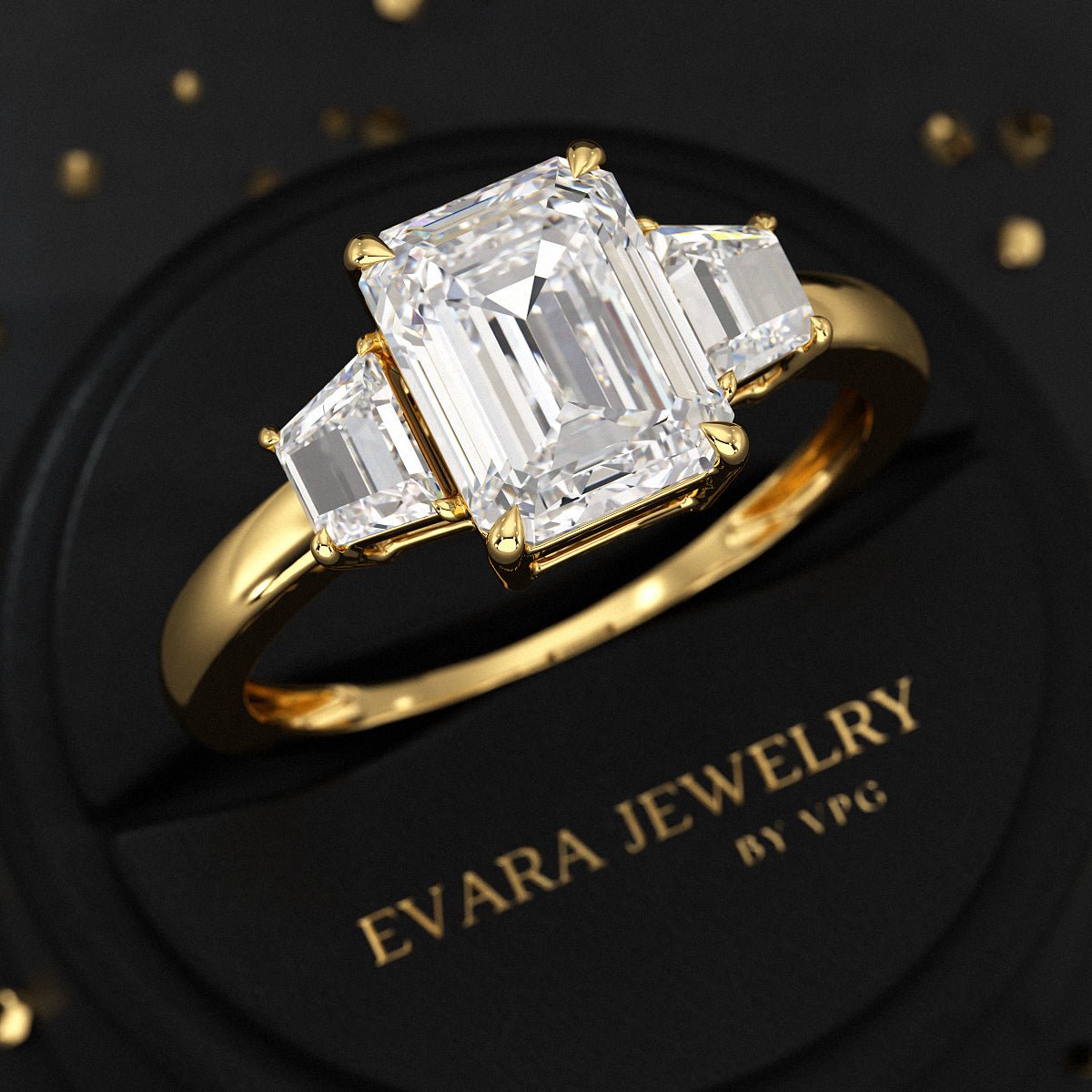 2 Carat Emerald Cut & Trapezoid Three Stone Engagement Ring - Evara Jewelry LLC