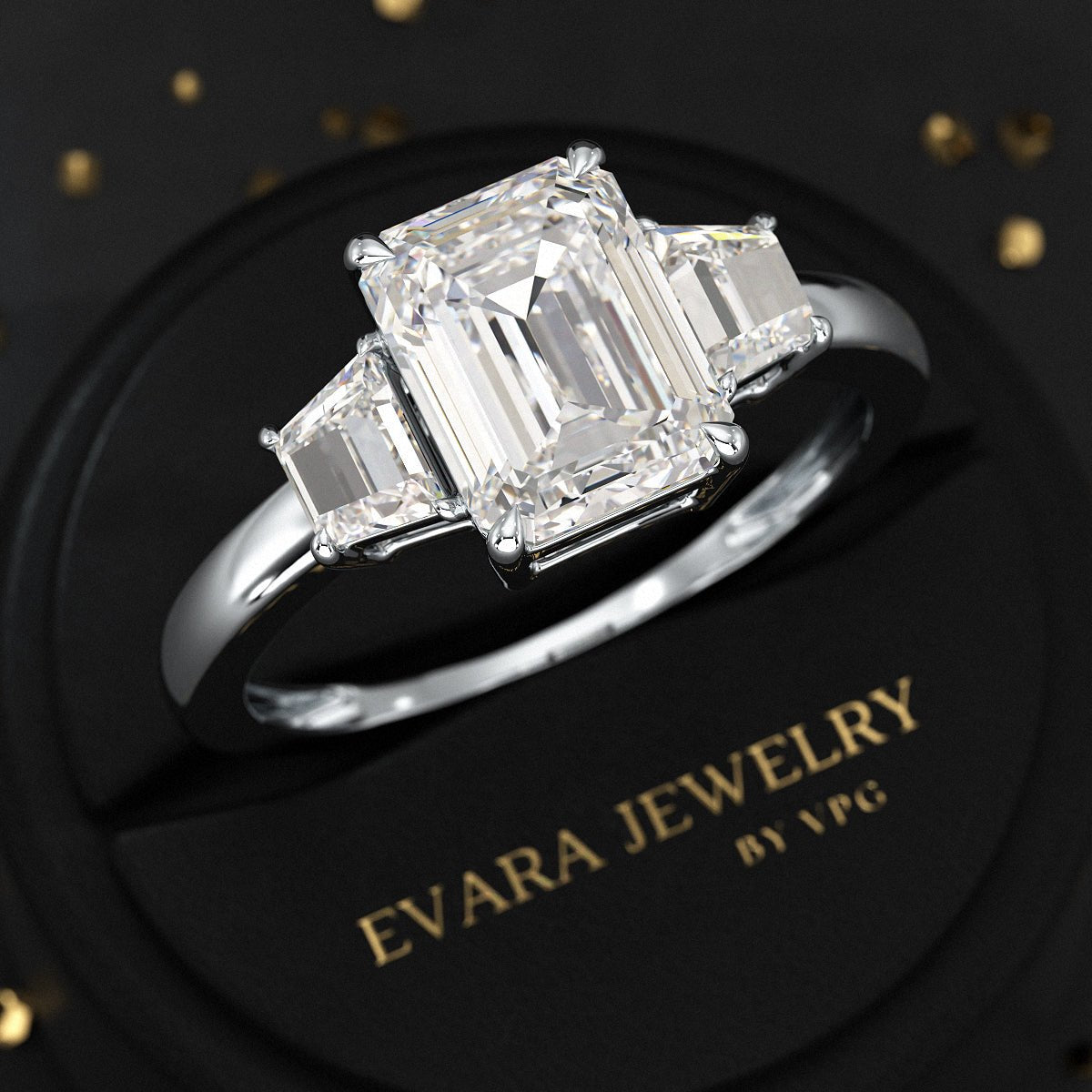 2 Carat Emerald Cut & Trapezoid Three Stone Engagement Ring - Evara Jewelry LLC