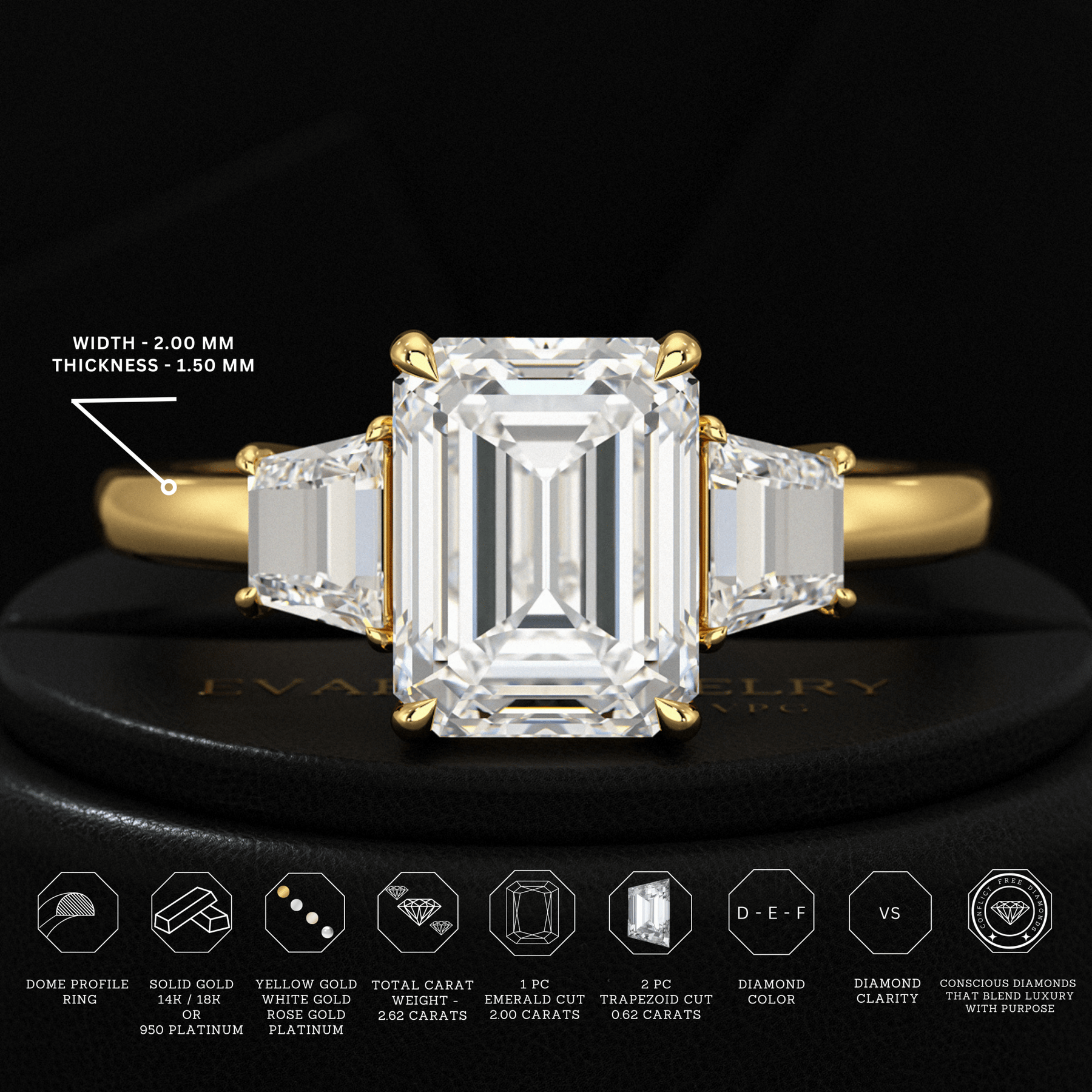 2 Carat Emerald Cut & Trapezoid Three Stone Engagement Ring - Evara Jewelry LLC