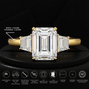 2 Carat Emerald Cut & Trapezoid Three Stone Engagement Ring - Evara Jewelry LLC