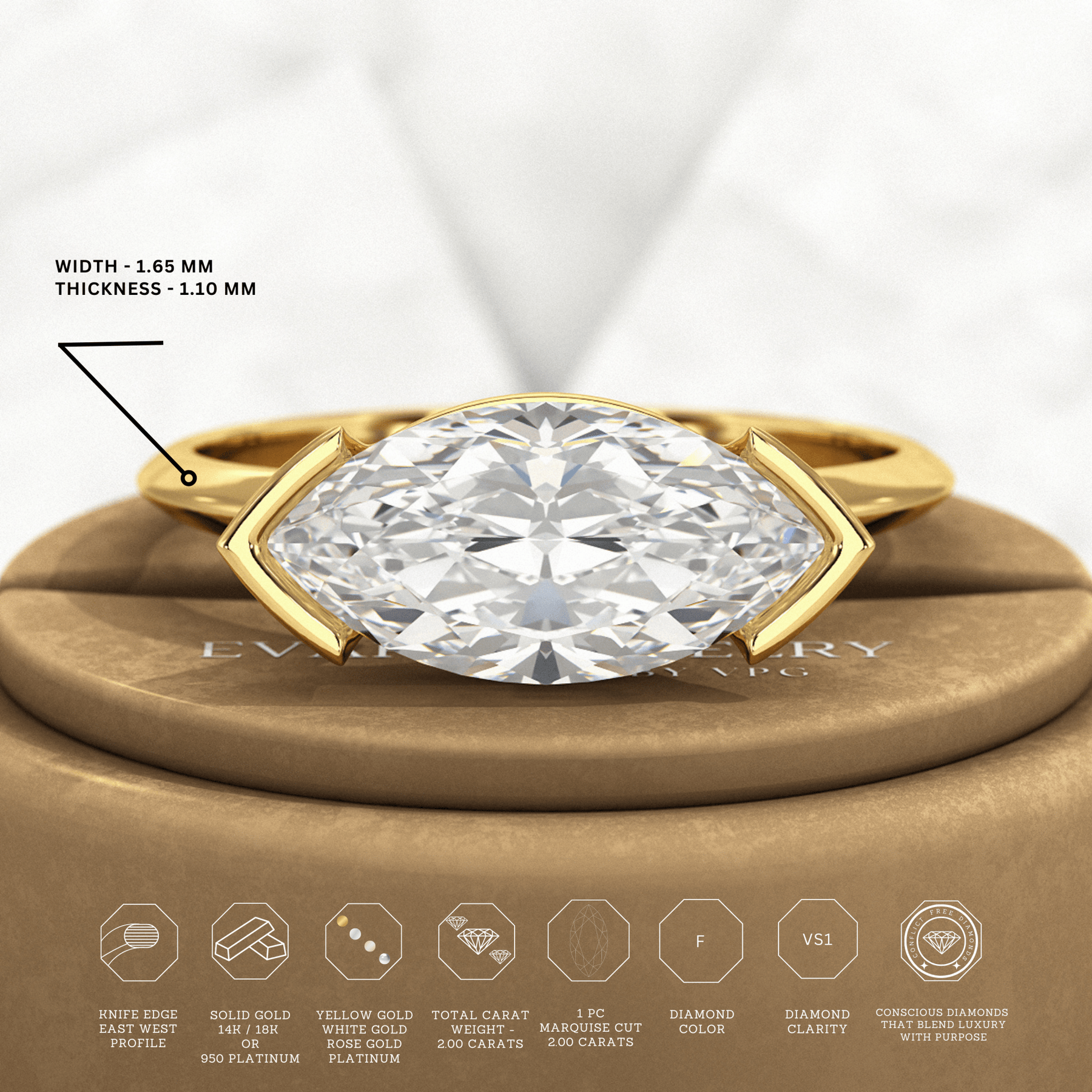2 Carat Marquise Cut East West Diamond Proposal Ring - Evara Jewelry LLC