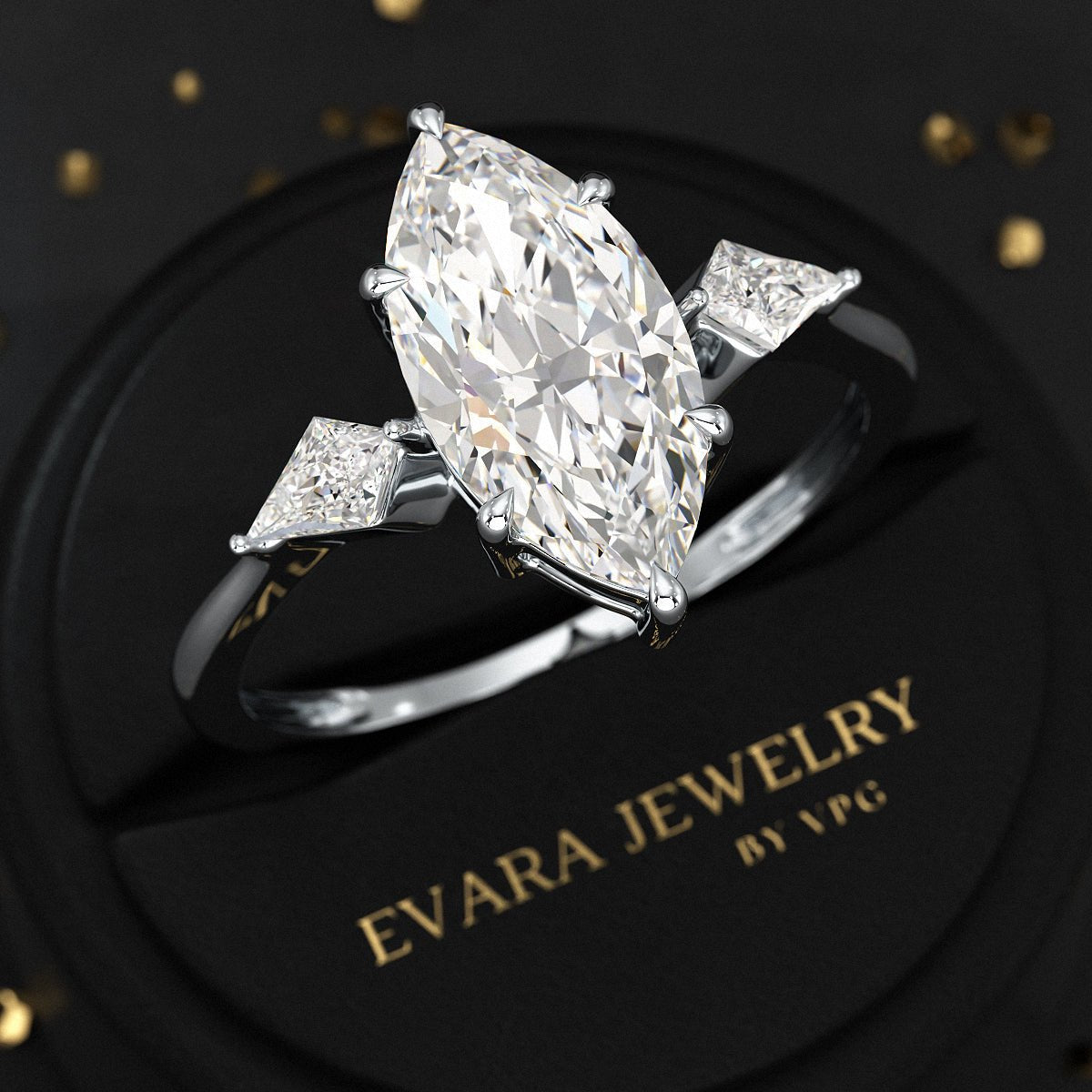 2 Carat Marquise Cut Lab Grown Diamond Three Stone Engagement Ring with Kite Accent Stone - Evara Jewelry LLC