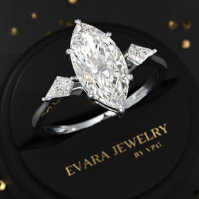 2 Carat Marquise Cut Lab Grown Diamond Three Stone Engagement Ring with Kite Accent Stone - Evara Jewelry LLC