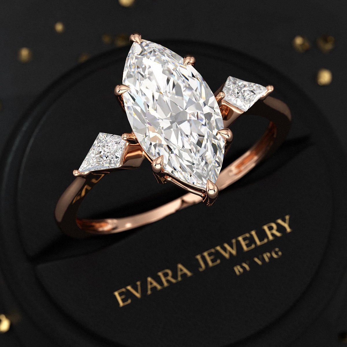2 Carat Marquise Cut Lab Grown Diamond Three Stone Engagement Ring with Kite Accent Stone - Evara Jewelry LLC