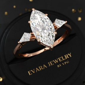 2 Carat Marquise Cut Lab Grown Diamond Three Stone Engagement Ring with Kite Accent Stone - Evara Jewelry LLC