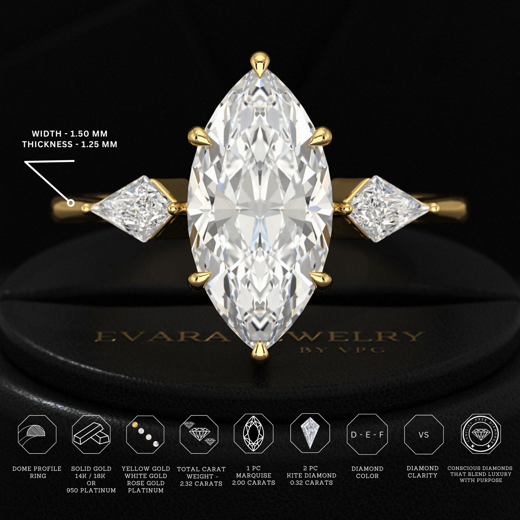 2 Carat Marquise Cut Lab Grown Diamond Three Stone Engagement Ring with Kite Accent Stone - Evara Jewelry LLC