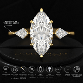 2 Carat Marquise Cut Lab Grown Diamond Three Stone Engagement Ring with Kite Accent Stone - Evara Jewelry LLC