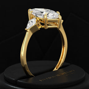 2 Carat Marquise Cut Lab Grown Diamond Three Stone Engagement Ring with Kite Accent Stone - Evara Jewelry LLC