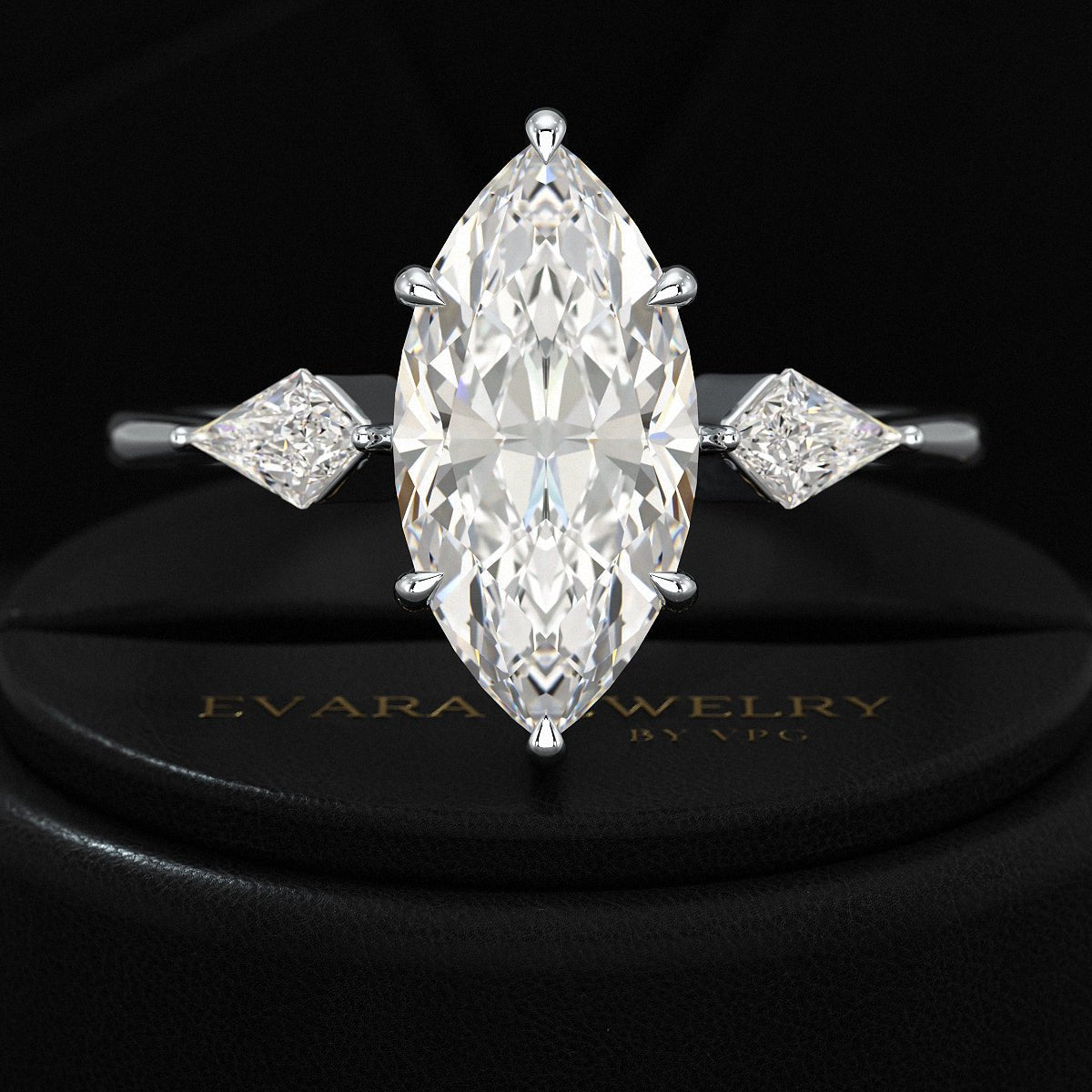 2 Carat Marquise Cut Lab Grown Diamond Three Stone Engagement Ring with Kite Accent Stone - Evara Jewelry LLC