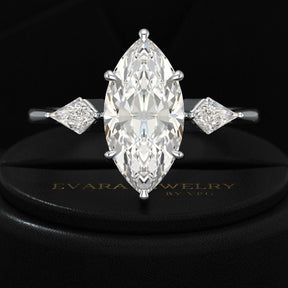 2 Carat Marquise Cut Lab Grown Diamond Three Stone Engagement Ring with Kite Accent Stone - Evara Jewelry LLC