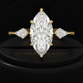 2 Carat Marquise Cut Lab Grown Diamond Three Stone Engagement Ring with Kite Accent Stone - Evara Jewelry LLC