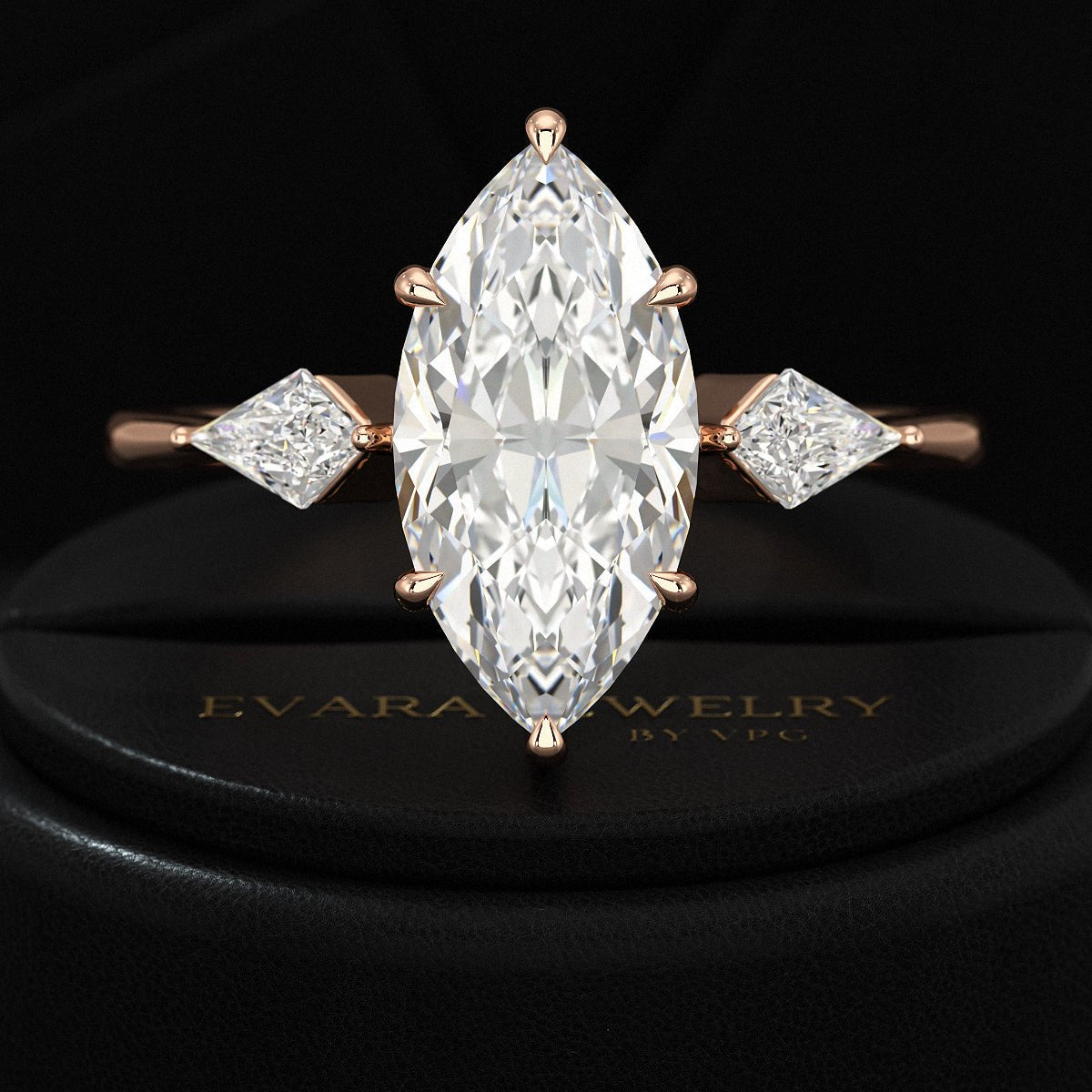 2 Carat Marquise Cut Lab Grown Diamond Three Stone Engagement Ring with Kite Accent Stone - Evara Jewelry LLC
