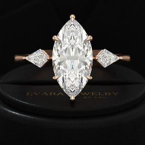 2 Carat Marquise Cut Lab Grown Diamond Three Stone Engagement Ring with Kite Accent Stone - Evara Jewelry LLC