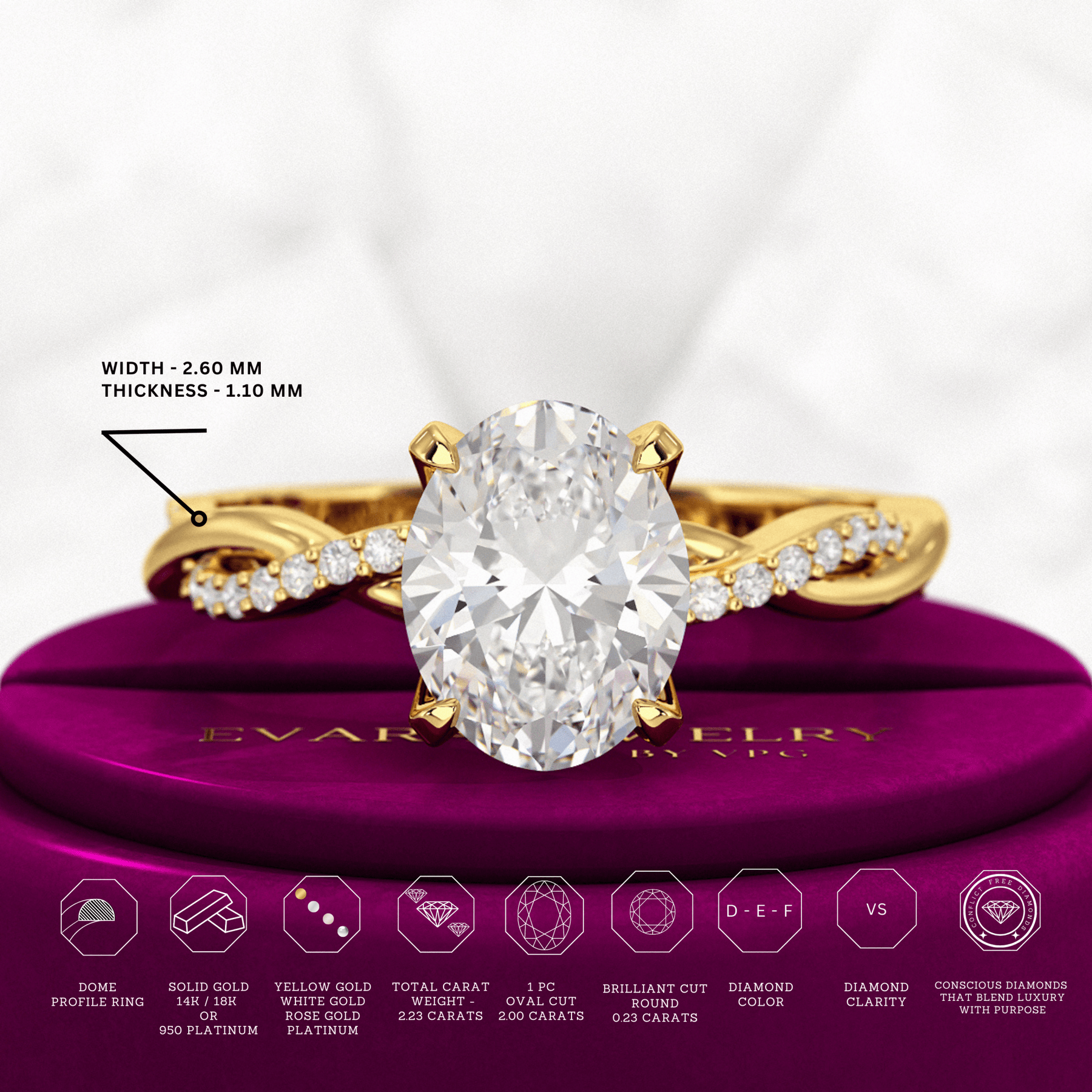 2 Carat Oval Diamond Nature Inspired Minimalist Engagement Ring - Evara Jewelry LLC