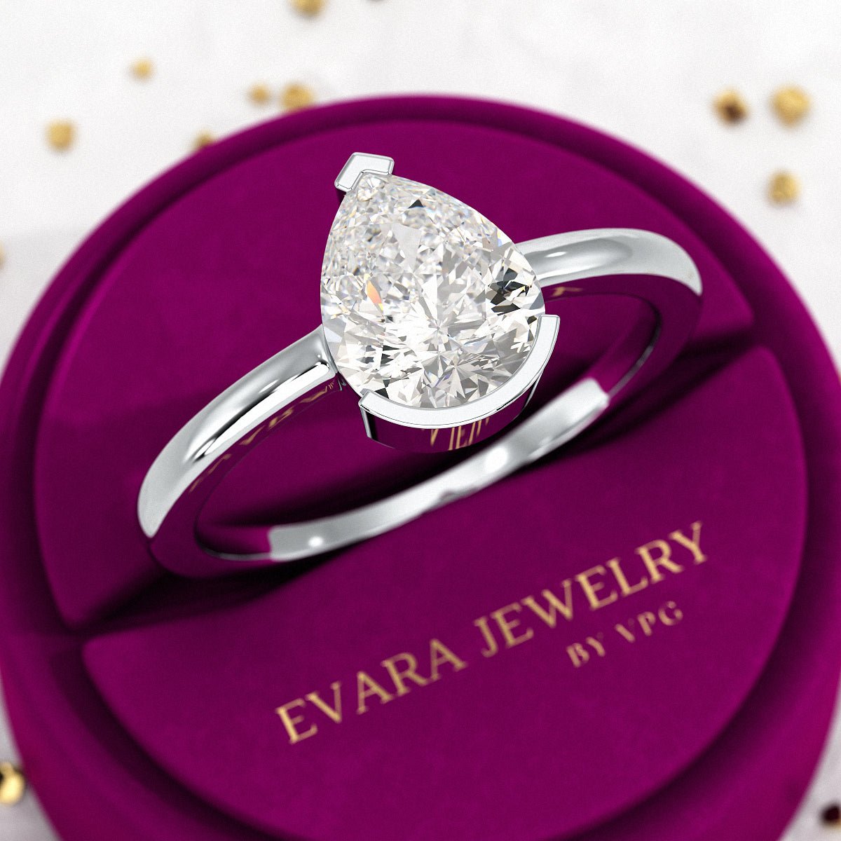 2 Carat Pear Cut Diamond Half Bezel Set Solitaire Engagement Ring - Evara Jewelry LLC