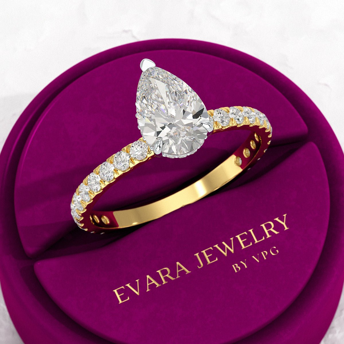 2 Carat Pear Cut Hidden Halo Pave Band Engagement Ring - Evara Jewelry LLC