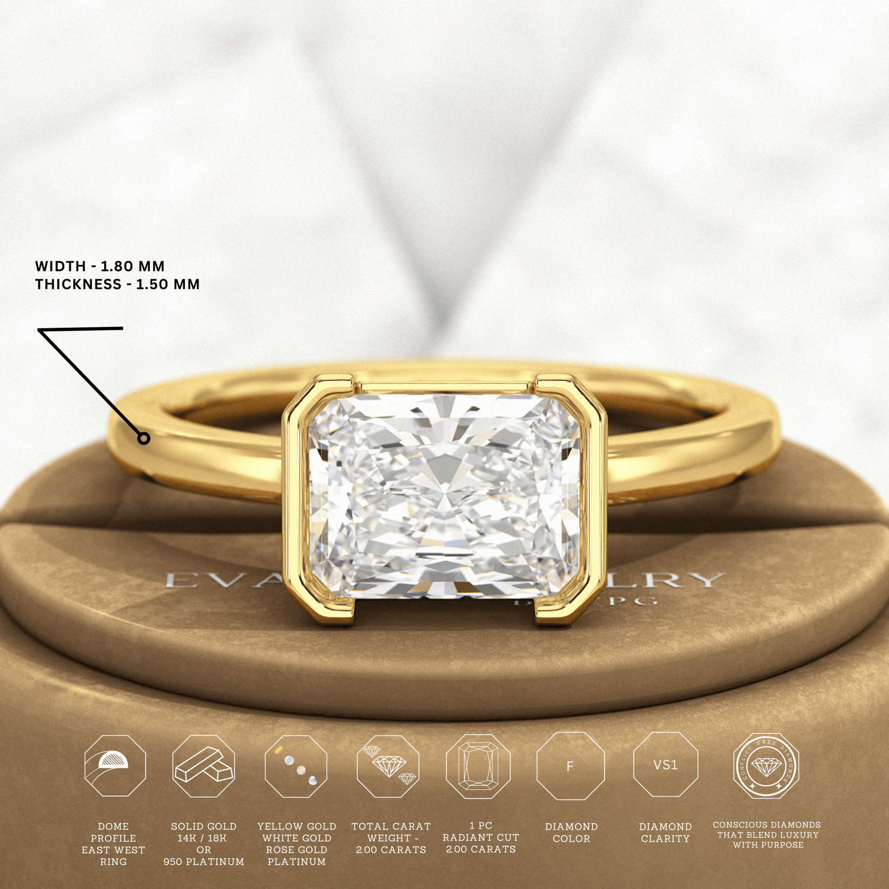 2 Carat Radiant Cut East West Anniversary Ring - Evara Jewelry LLC