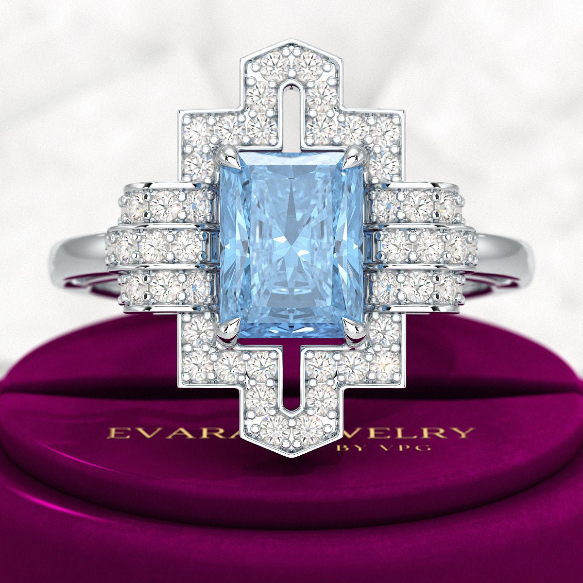 2 Carat Radiant Cut Ice Blue Diamond Art Deco Ring - Evara Jewelry LLC