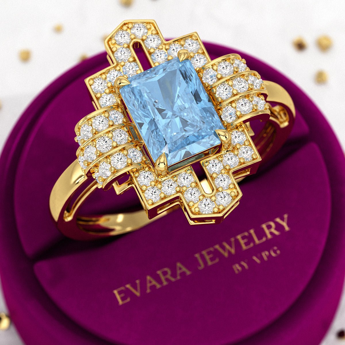 2 Carat Radiant Cut Ice Blue Diamond Art Deco Ring - Evara Jewelry LLC