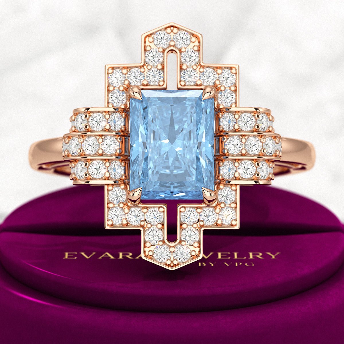 2 Carat Radiant Cut Ice Blue Diamond Art Deco Ring - Evara Jewelry LLC