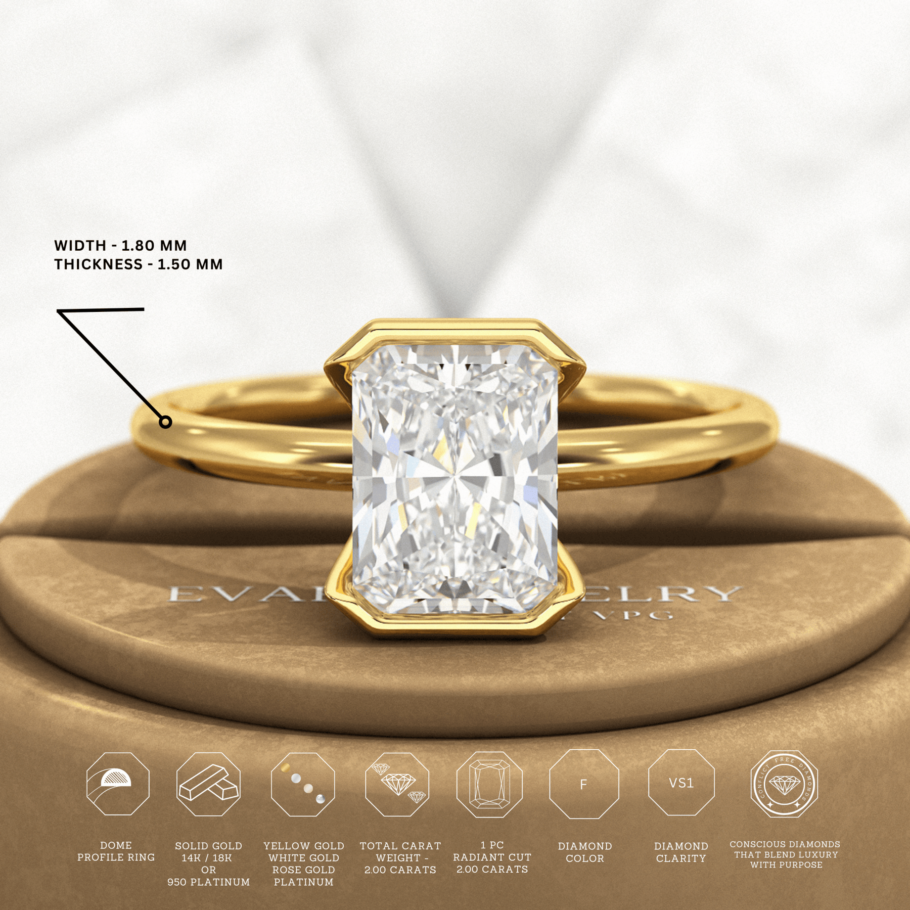 2 Carat Radiant Diamond Half Bezel Set Proposal Ring - Evara Jewelry LLC
