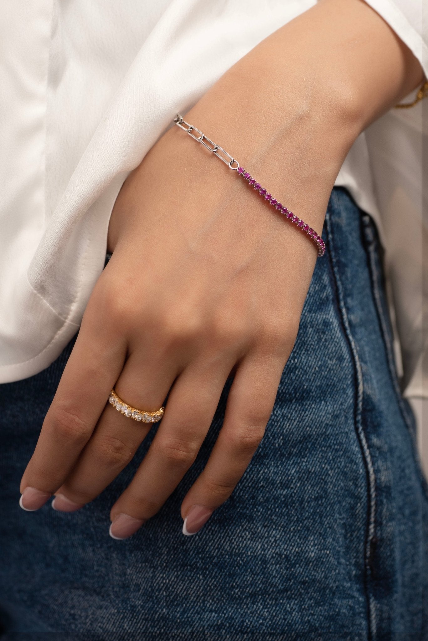 2 Carats Natural Pink Sapphire & Paperclip 50 - 50 Bracelet - Limited Edition - Evara Jewelry LLC