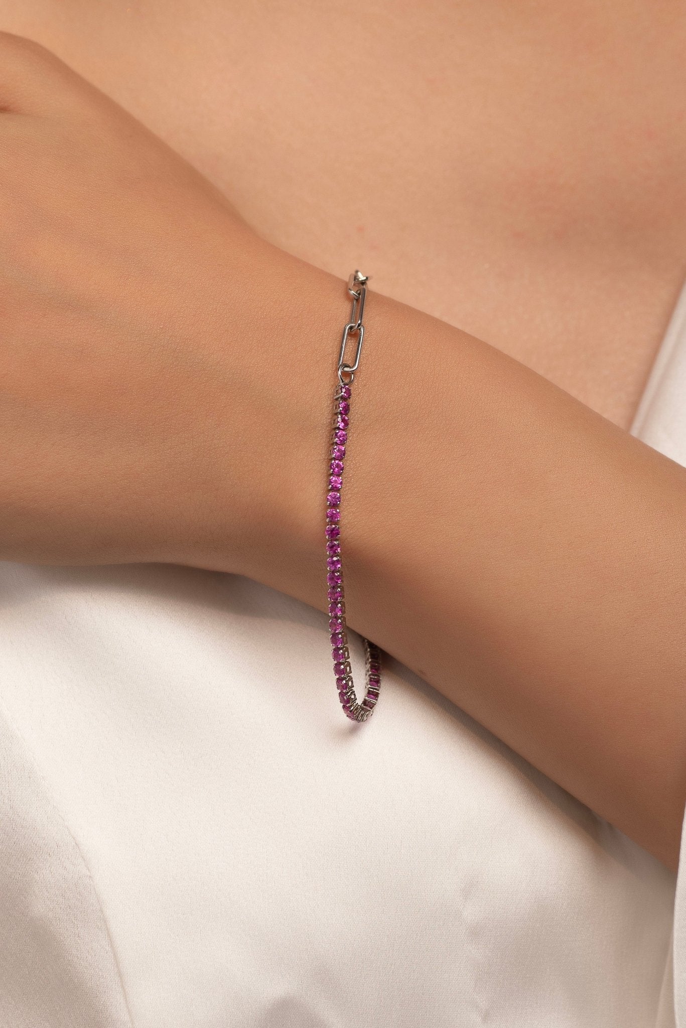 2 Carats Natural Pink Sapphire & Paperclip 50 - 50 Bracelet - Limited Edition - Evara Jewelry LLC
