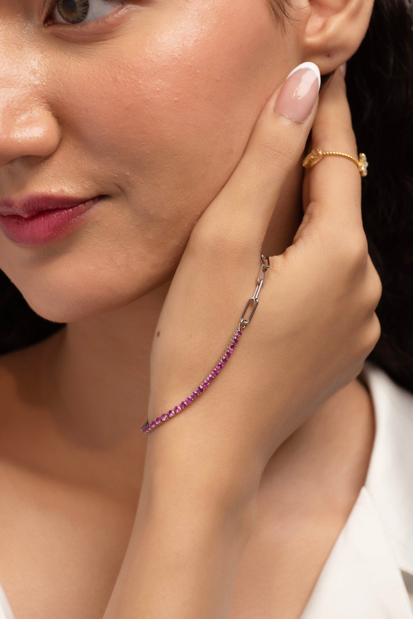 2 Carats Natural Pink Sapphire & Paperclip 50 - 50 Bracelet - Limited Edition - Evara Jewelry LLC