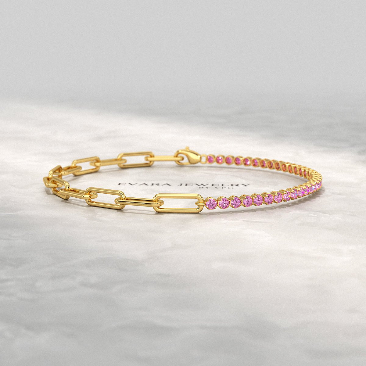 2 Carats Natural Pink Sapphire & Paperclip 50 - 50 Bracelet - Limited Edition - Evara Jewelry LLC