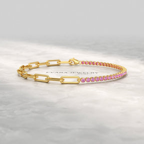 2 Carats Natural Pink Sapphire & Paperclip 50 - 50 Bracelet - Limited Edition - Evara Jewelry LLC