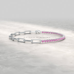 2 Carats Natural Pink Sapphire & Paperclip 50 - 50 Bracelet - Limited Edition - Evara Jewelry LLC