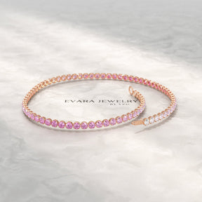 2.01 Carats Ombre Pink Sapphire Dainty Tennis Bracelet - Natural Sapphire in Solid 14K/18K Rose Gold - Evara Jewelry LLC