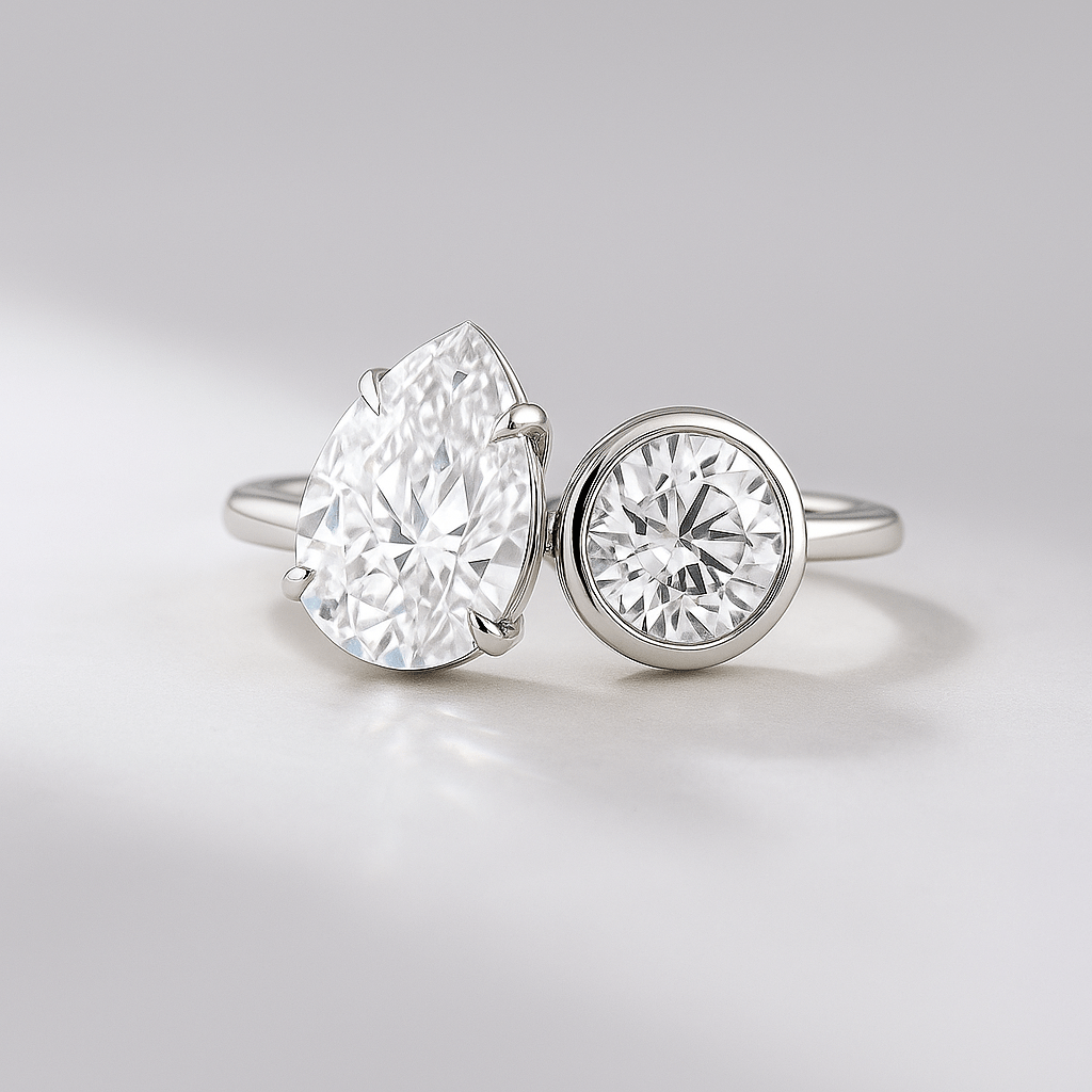 2.20 Carat Pear & Bezel Set Round Toi Et Moi Art Deco Engagement Ring - Evara Jewelry LLC