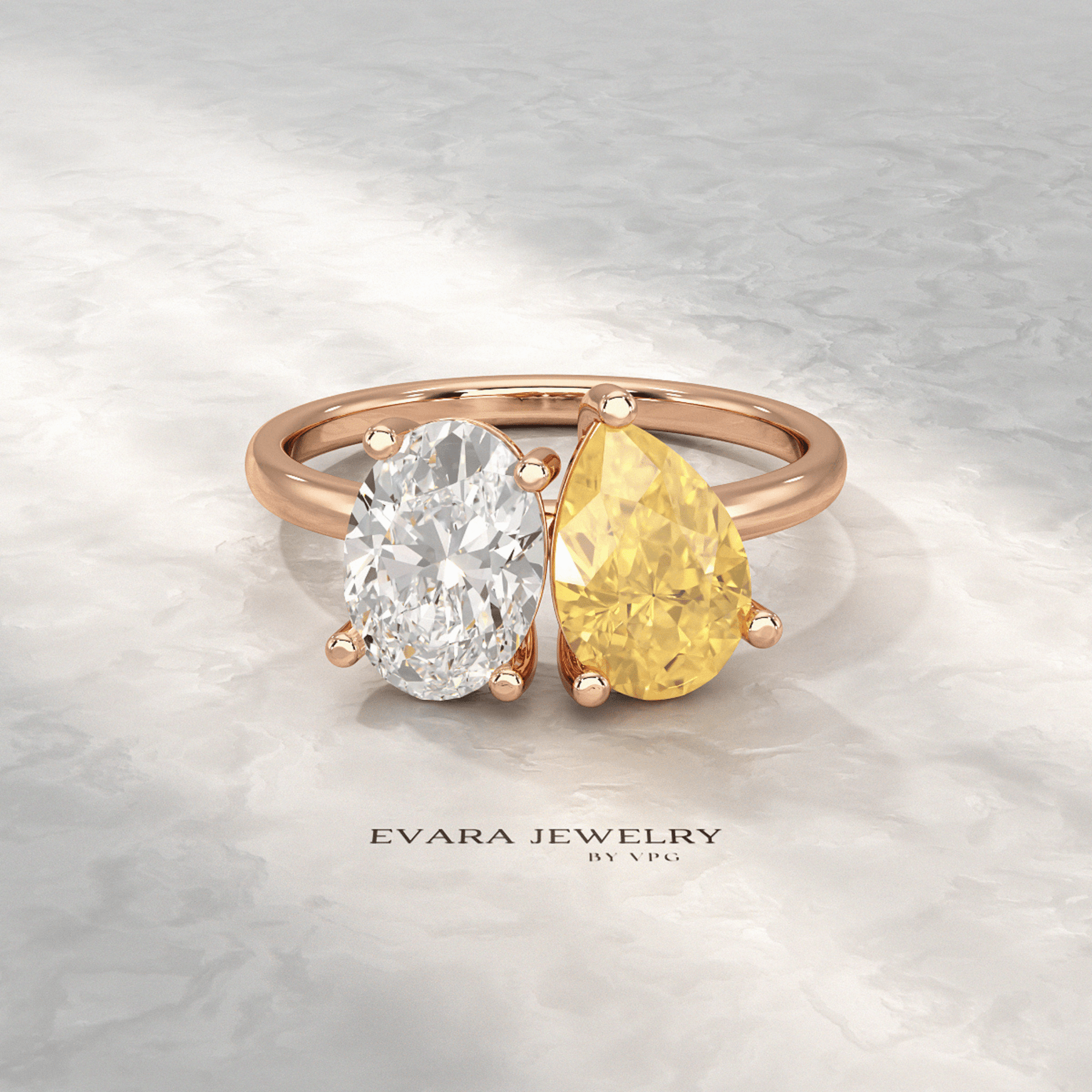 2.25 Carat Oval Diamond & Pear Cut Intense Yellow Diamond Toi Et Moi Two Stone Ring - Evara Jewelry LLC