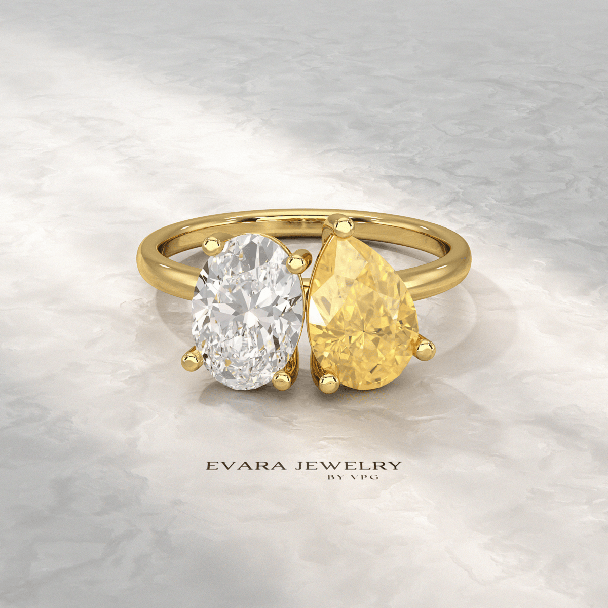2.25 Carat Oval Diamond & Pear Cut Intense Yellow Diamond Toi Et Moi Two Stone Ring - Evara Jewelry LLC