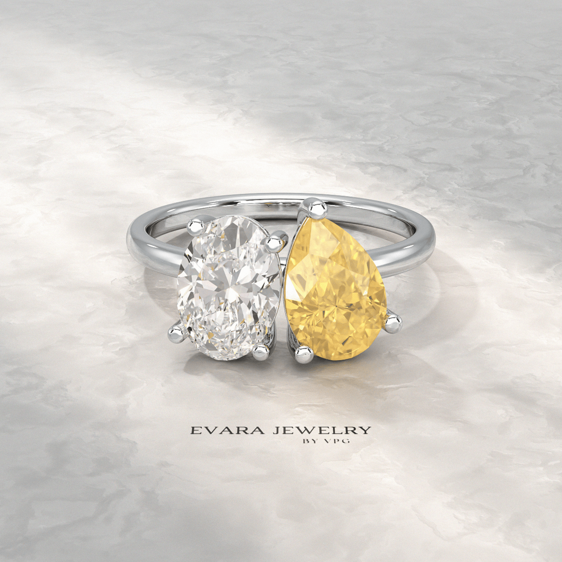 2.25 Carat Oval Diamond & Pear Cut Intense Yellow Diamond Toi Et Moi Two Stone Ring - Evara Jewelry LLC
